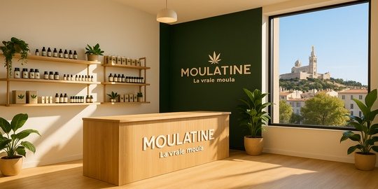 Boutique Moulatine de CBD à Marseille avec vue sur Notre-Dame de la Garde – comptoir en bois, produits naturels et décoration moderne